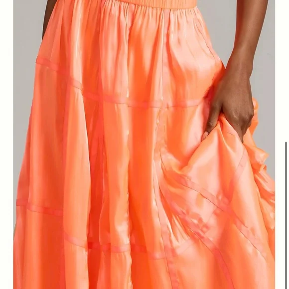 Anthropologie Satin parachute Tiered Maxi Skirt in Bright Coral - Picture 2 of 7